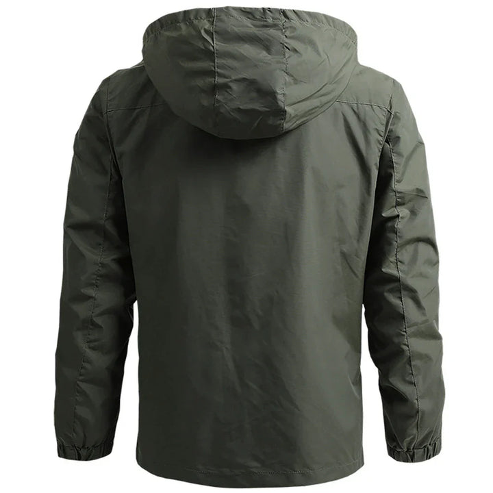 Front view of a men's casual windbreaker jacket, featuring a waterproof and lightweight design.
