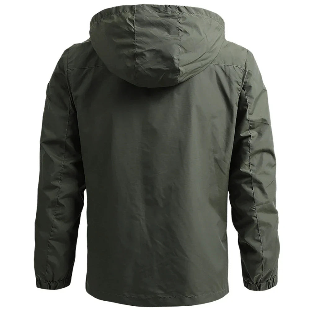 Close-up of a men's lightweight windbreaker jacket, showcasing waterproof fabric texture and zipper detail.