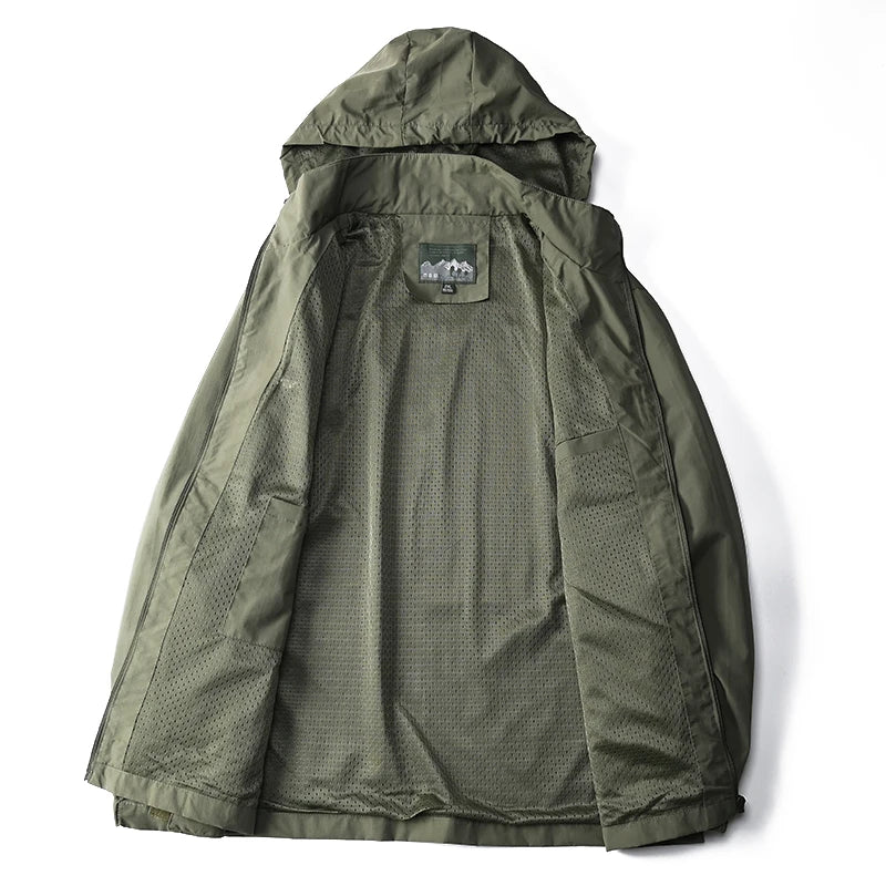 Close-up of the fabric texture of a men's lightweight waterproof windbreaker jacket.