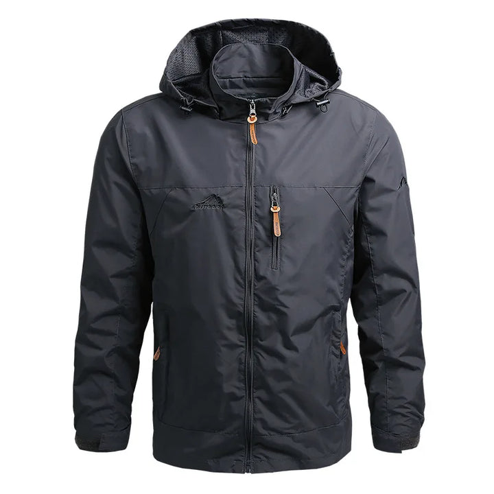 Side profile of a men's lightweight waterproof windbreaker, suitable for spring outdoor activities.