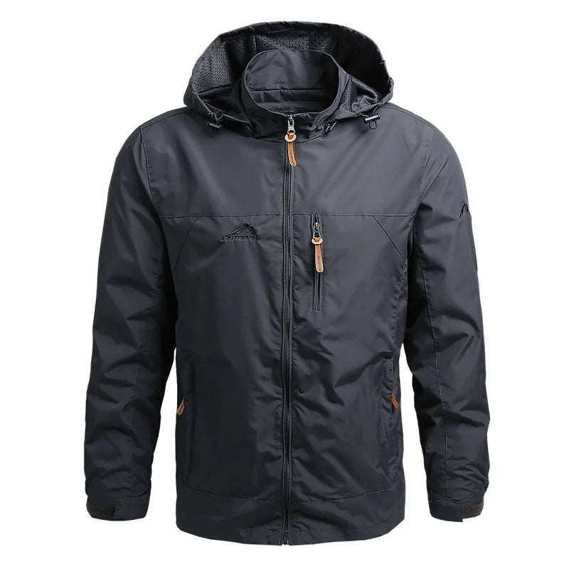 Front view of a red men's lightweight waterproof windbreaker jacket, featuring multiple pockets.