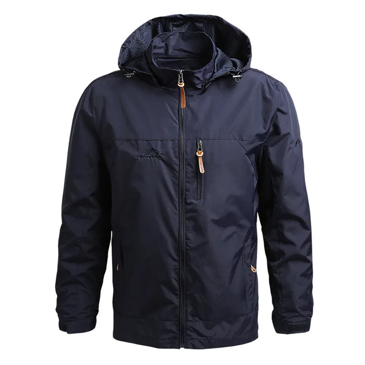 Men's modern windbreaker jacket, combining waterproof protection with a lightweight, casual style.