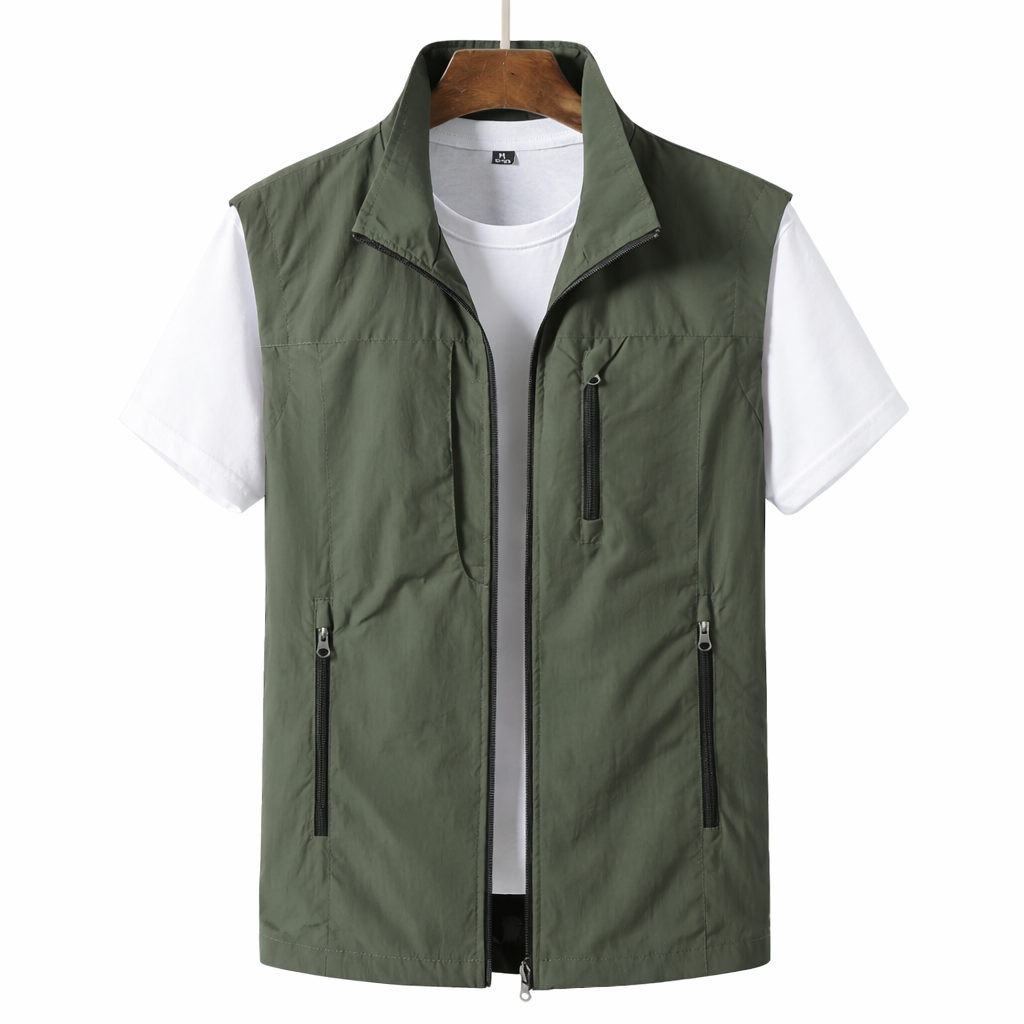 Men's lightweight zip front utility vest in a casual style for layering. Perfect for everyday wear.