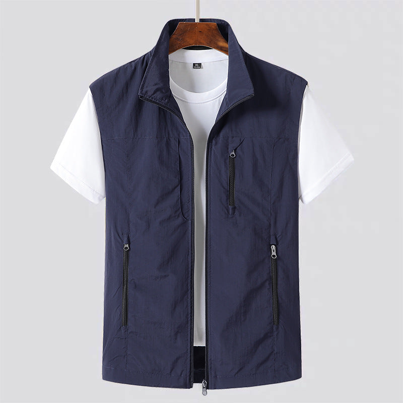 Full view of a modern men's lightweight utility gilet. A practical zip vest for everyday casual layering.