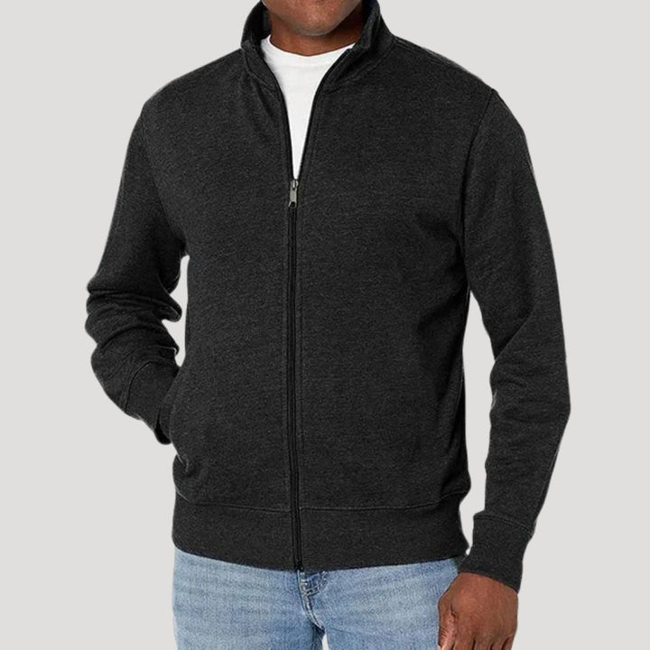 Front view of a men's casual lightweight zip-up jacket in a neutral color for spring