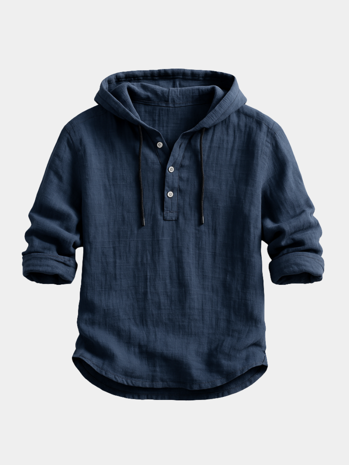 Men's linen hooded shirt in a relaxed fit, perfect for breezy comfort and casual summer style.