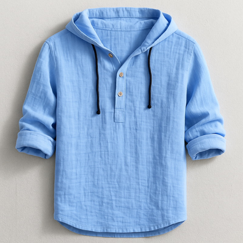 Lightweight men's long sleeve hooded linen shirt offering cool, comfortable casual style for everyday wear.