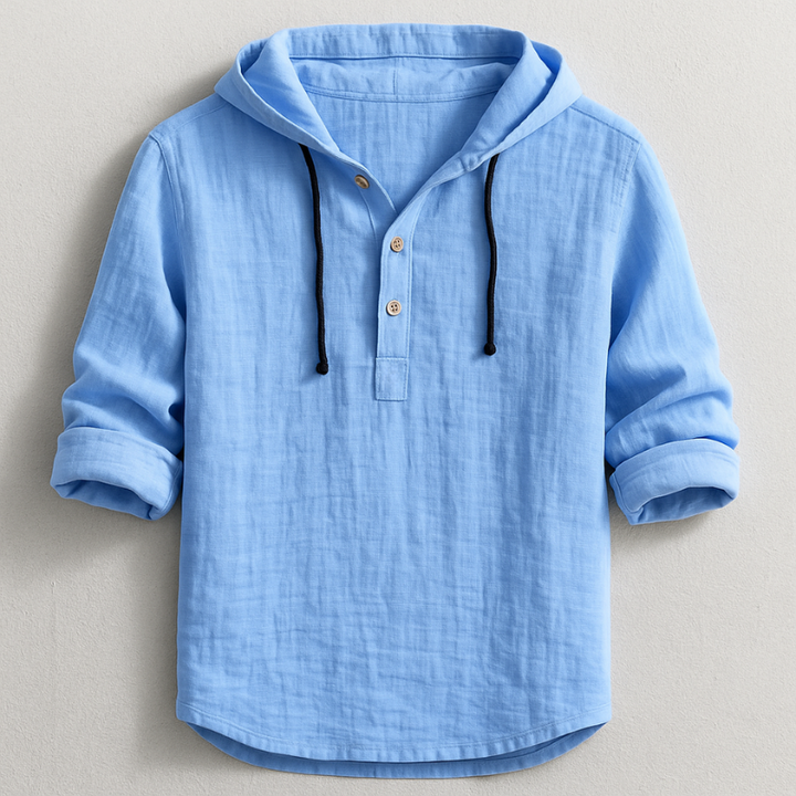 Lightweight men's long sleeve hooded linen shirt offering cool, comfortable casual style for everyday wear.