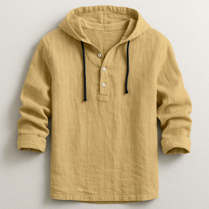 Stylish men's casual hooded shirt made from breathable linen, ideal for relaxed summer days and comfort.
