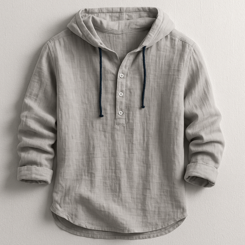 Relaxed men's linen long sleeve shirt with a hood, designed for ultimate comfort and versatile casual outfits.