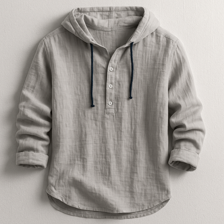 Relaxed men's linen long sleeve shirt with a hood, designed for ultimate comfort and versatile casual outfits.