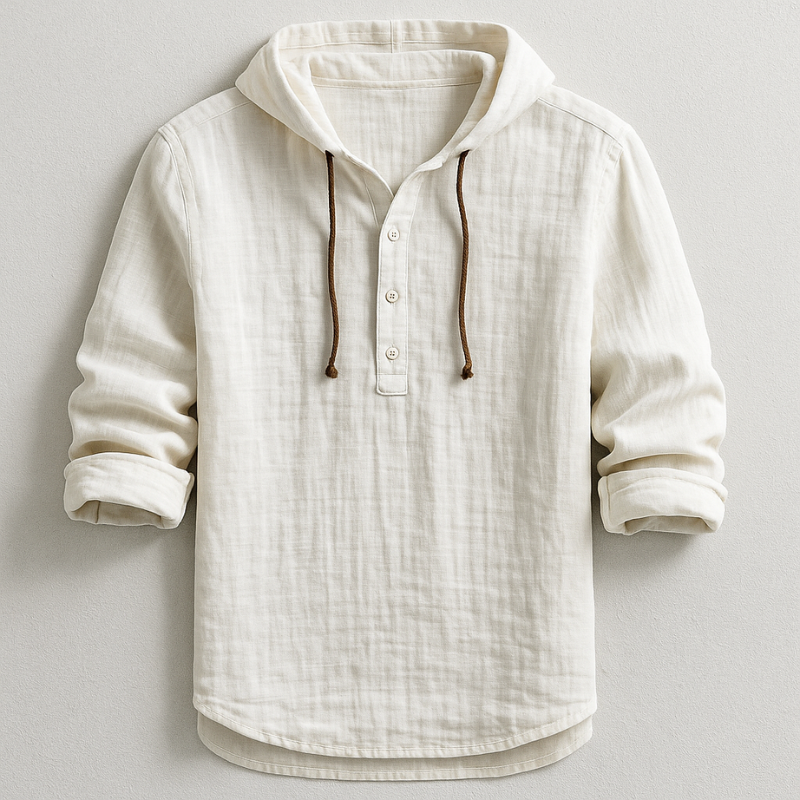 Classic men's hooded linen shirt, an everyday staple for cool summer evenings and breezy, comfortable style.