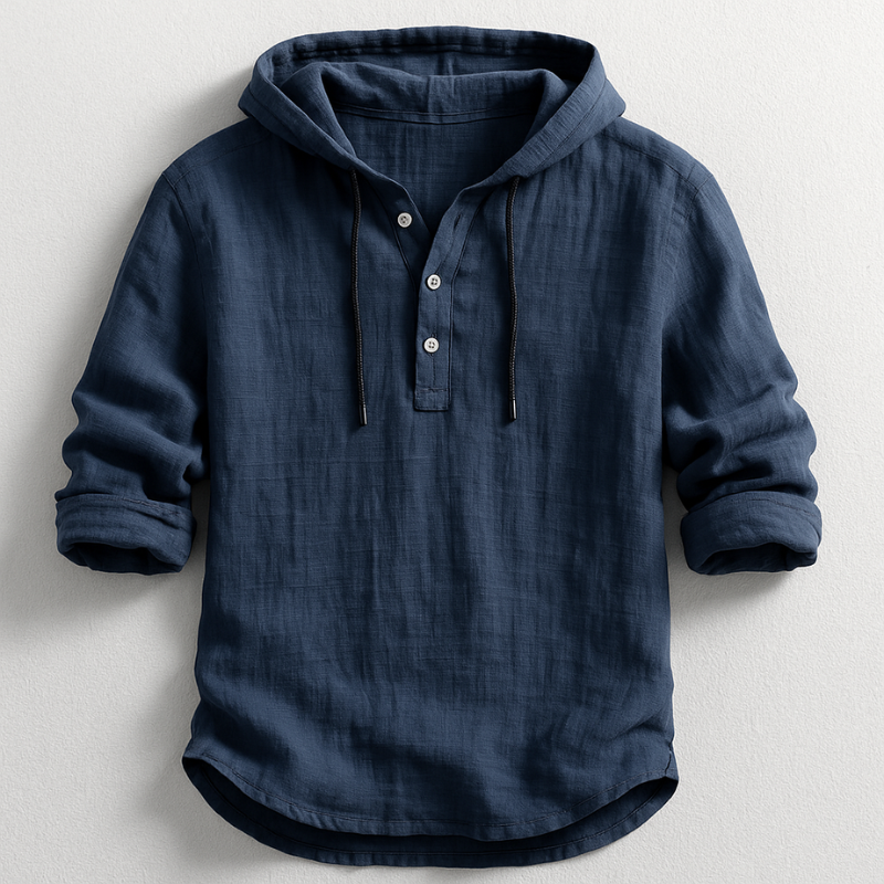 Breathable men's casual long sleeve hooded shirt in linen, providing breezy comfort and effortless relaxed style.