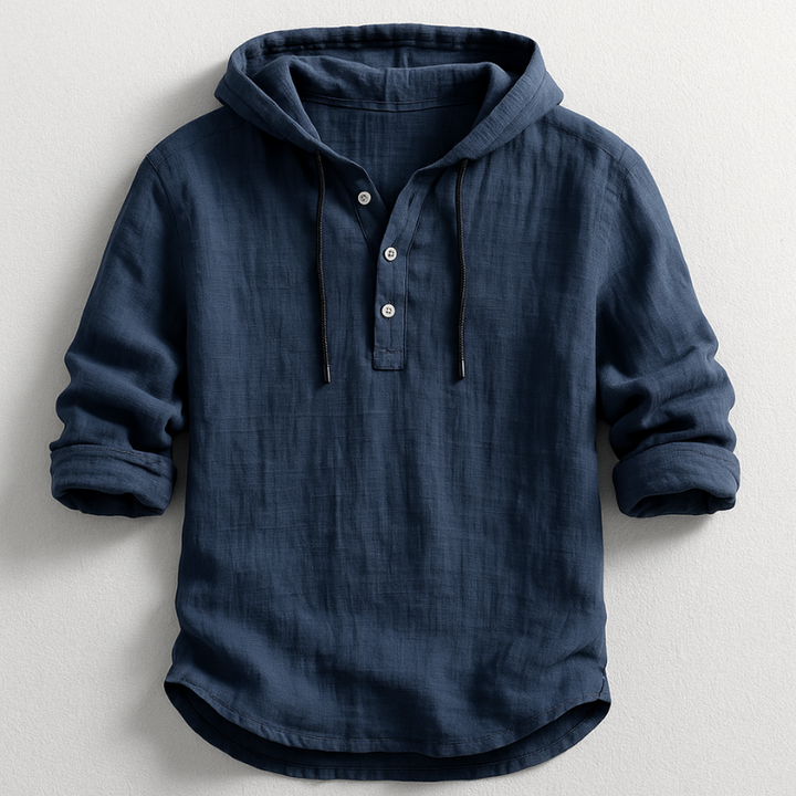Breathable men's casual long sleeve hooded shirt in linen, providing breezy comfort and effortless relaxed style.