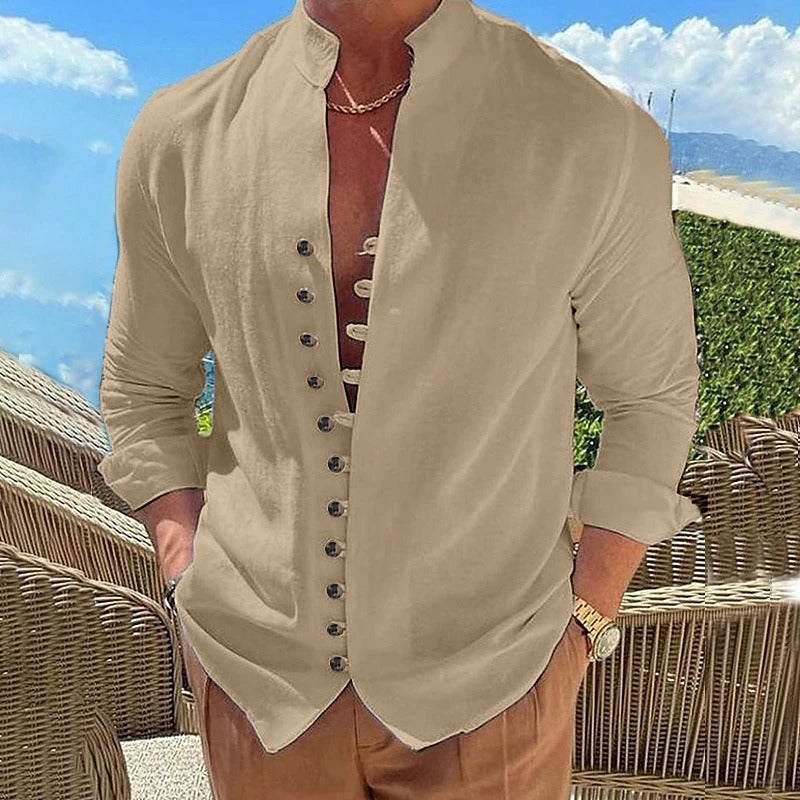 Versatile men's long sleeve casual shirt, ideal for smart casual outfits & everyday comfort. Classic button-down style.