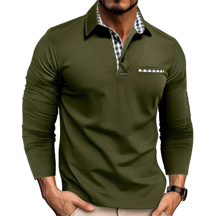Men's long sleeve button-down polo shirt, smart casual style. Versatile men's apparel for everyday fashion.