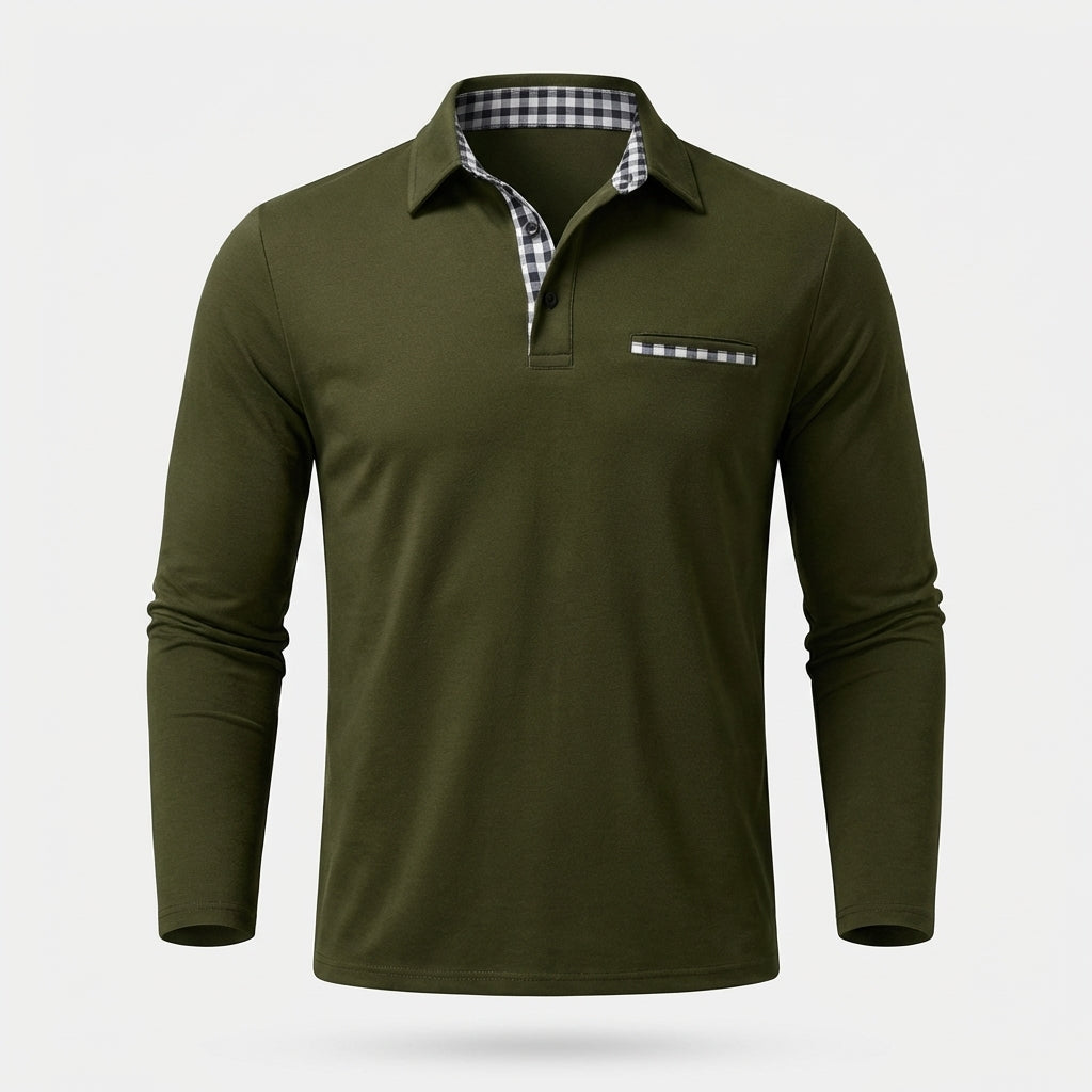 Stylish men's button-down long sleeve polo for a smart casual look. Perfect versatile top for men's fashion.