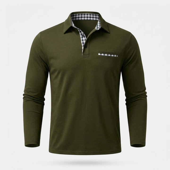 Stylish men's button-down long sleeve polo for a smart casual look. Perfect versatile top for men's fashion.