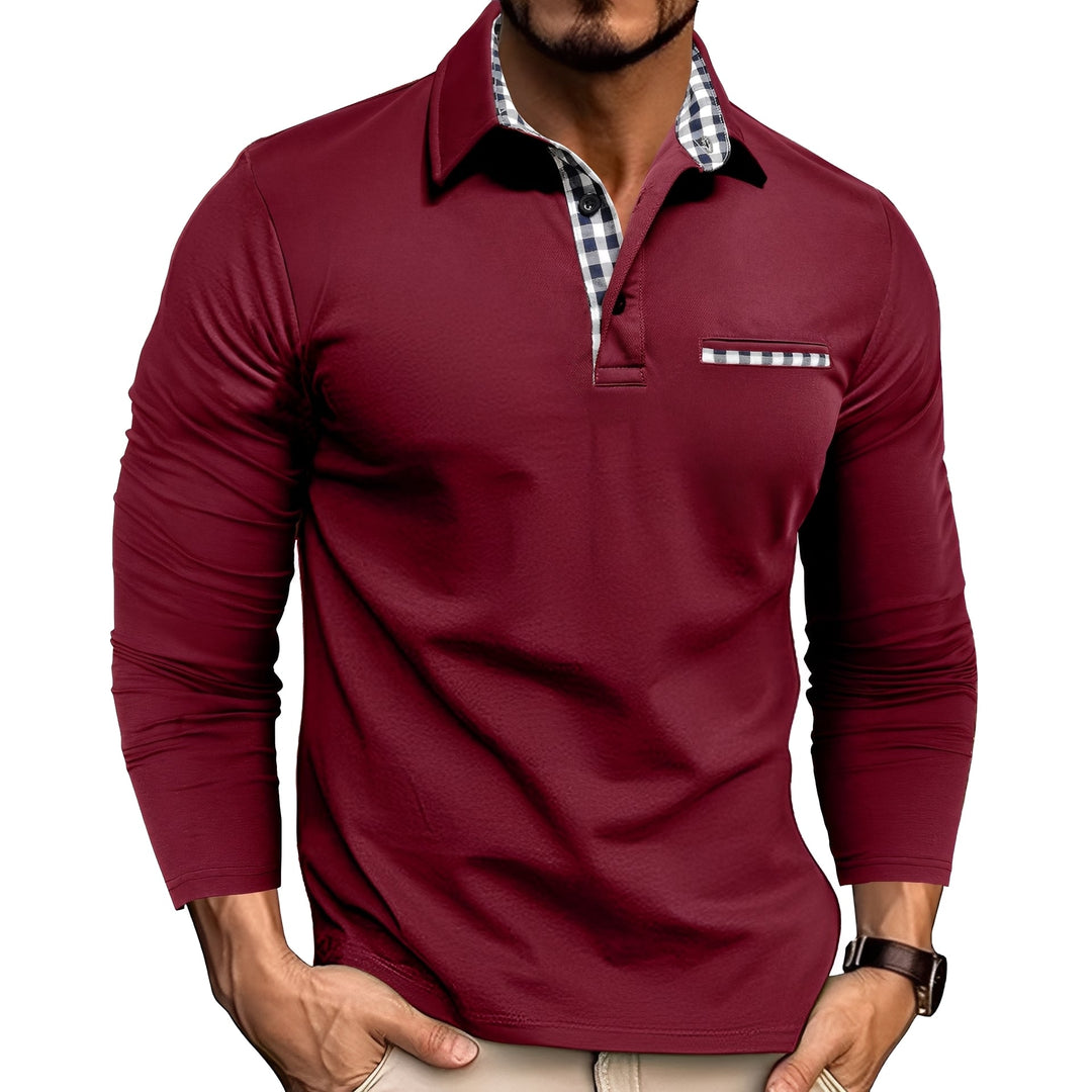 Men's long sleeve button-down polo with gingham detail, smart casual and stylish. Versatile men's apparel.