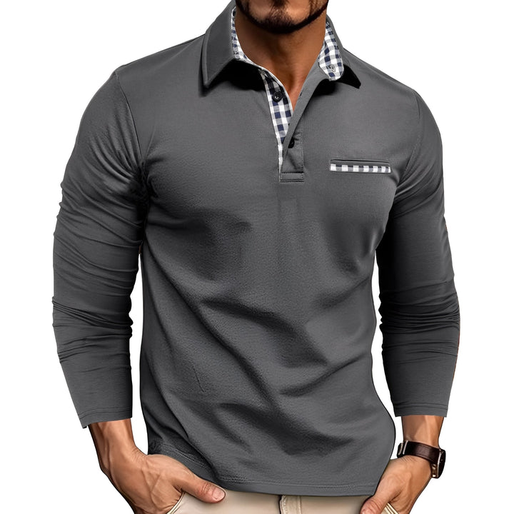 Man wearing a smart casual long sleeve button-down polo shirt. Stylish men's top for versatile everyday wear.