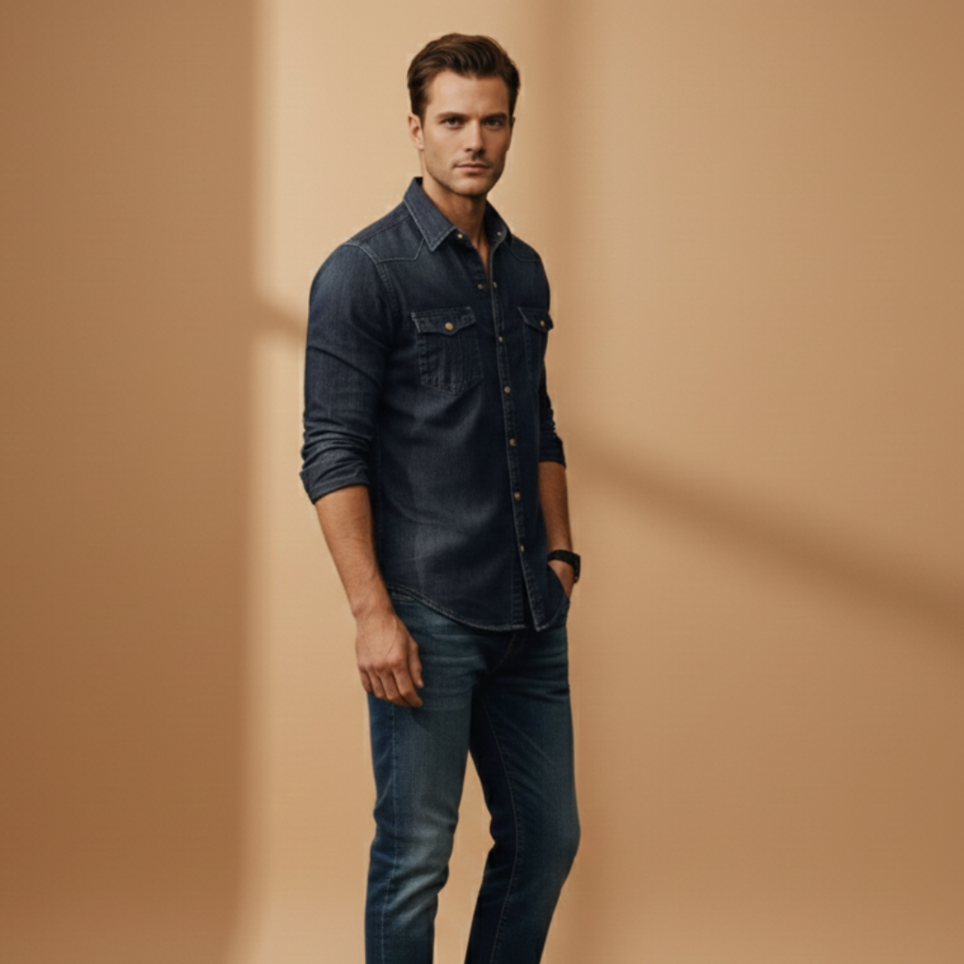 Comfortable men's button-up shirt, long sleeve with stylish chest pockets, a smart casual wardrobe essential.