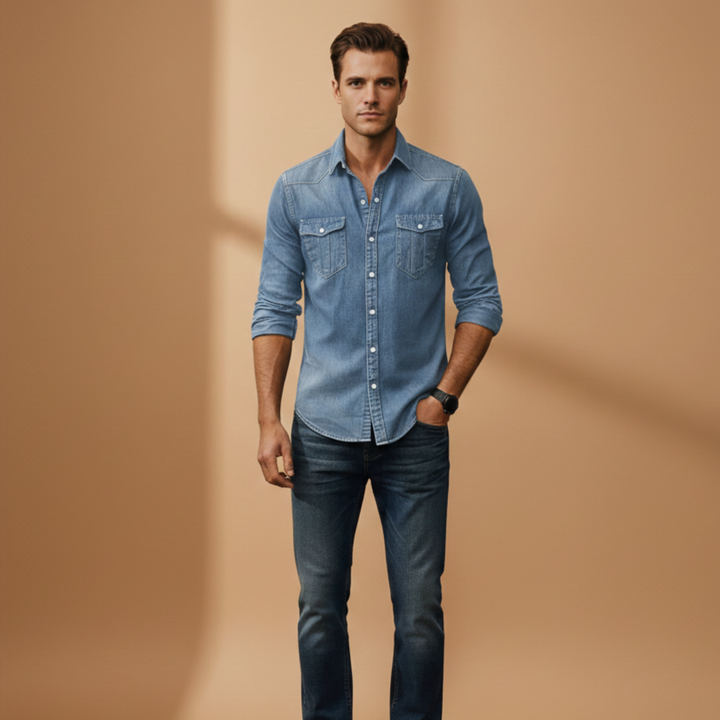 Men's wardrobe essential: a long sleeve button-up shirt with chest pockets for smart casual outfits.