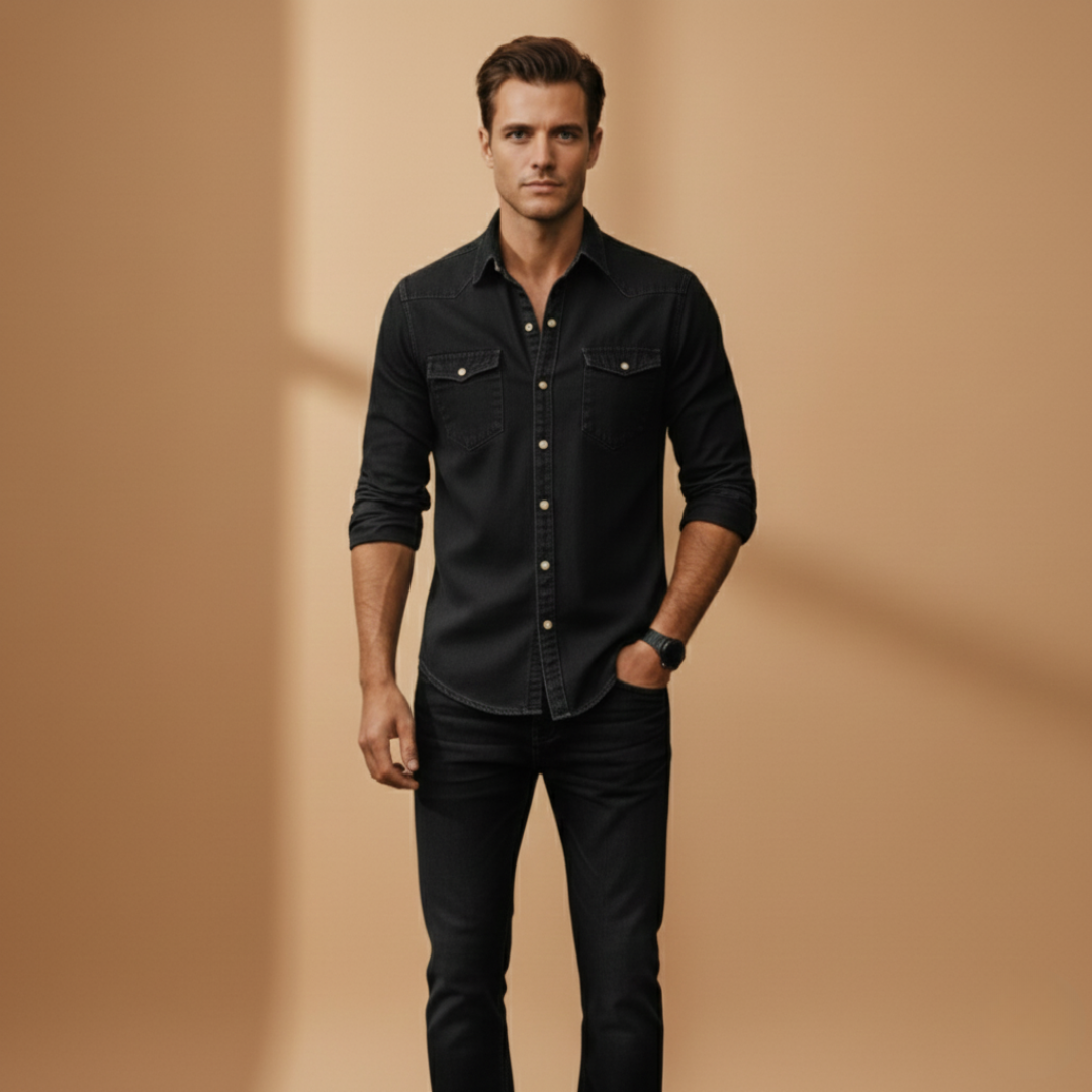 Stylish men's long sleeve button-up shirt with practical chest pockets, offering a comfortable, versatile look.