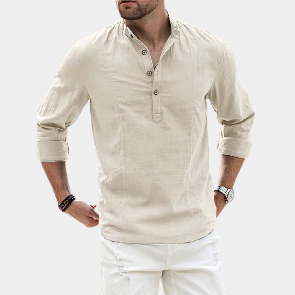 Versatile men's long sleeve Henley shirt featuring roll-up sleeves, ideal for comfortable casual fashion.