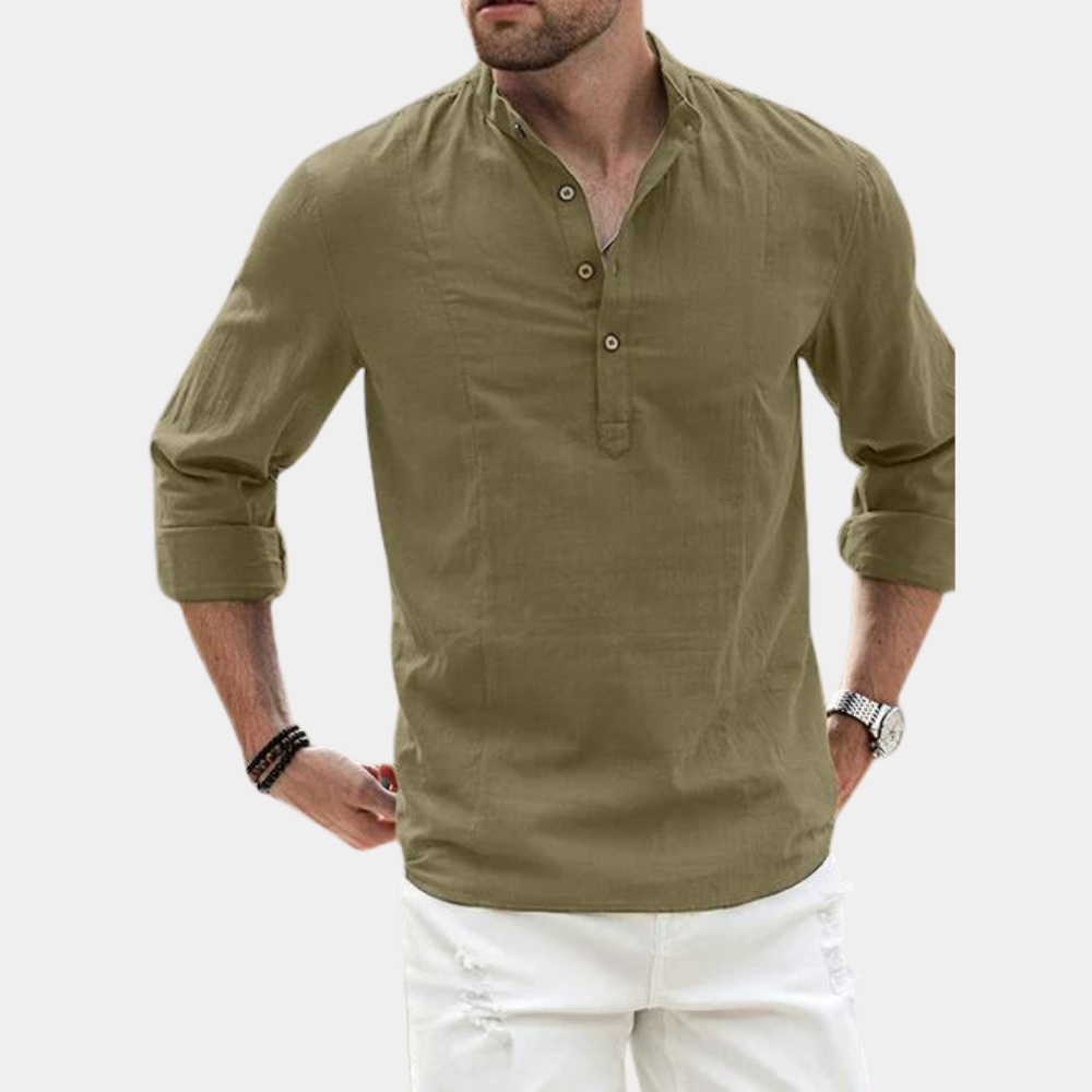 Comfortable men's casual Y-neck long sleeve shirt, perfect for everyday wear and relaxed men's fashion.