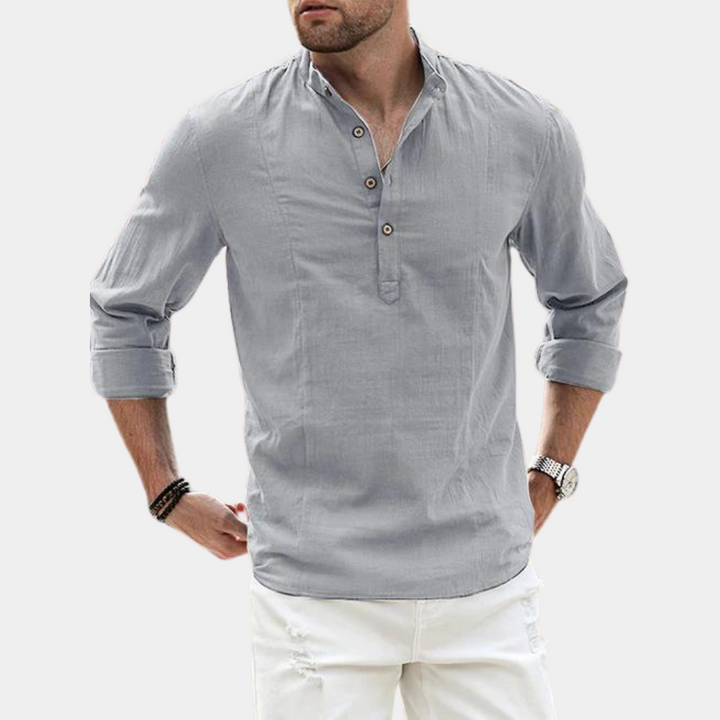 Stylish men's long sleeve Henley, a comfortable and adaptable Y-neck shirt for versatile casual outfits.