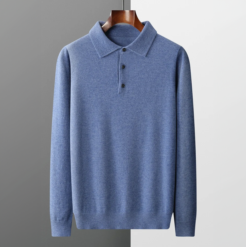 Men's long sleeve casual sweater polo shirt. Ideal for smart casual wear, fall, and winter men's fashion.