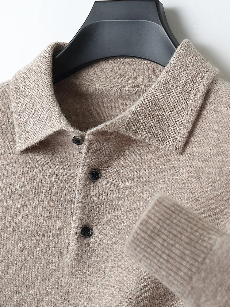 Stylish men's sweater polo, long sleeve pullover for casual outfits. Perfect clothing top for fall/winter.