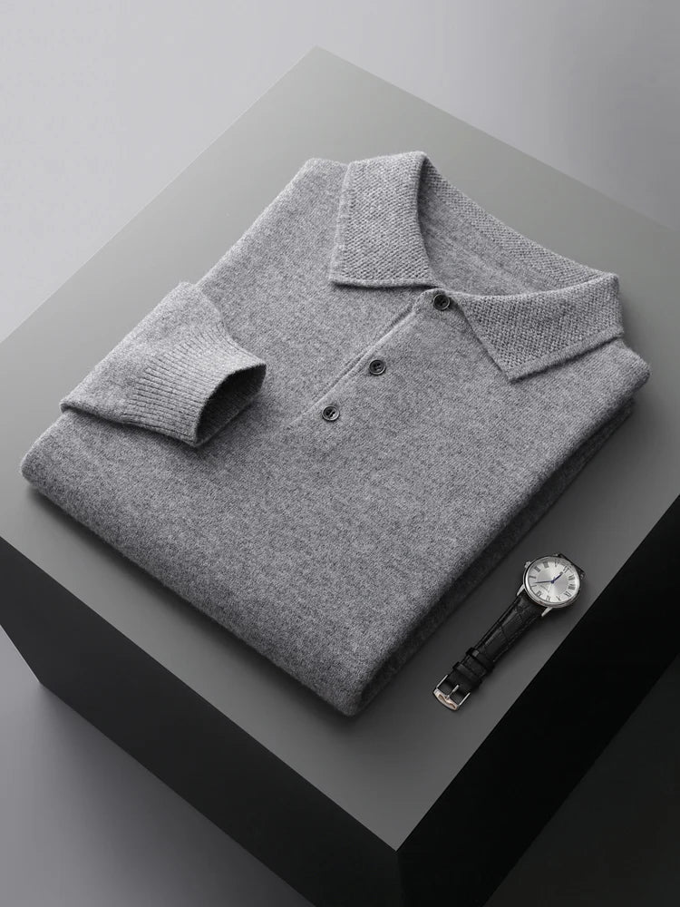 Men's fall/winter long sleeve sweater polo shirt. Warm casual pullover, essential men's clothing.