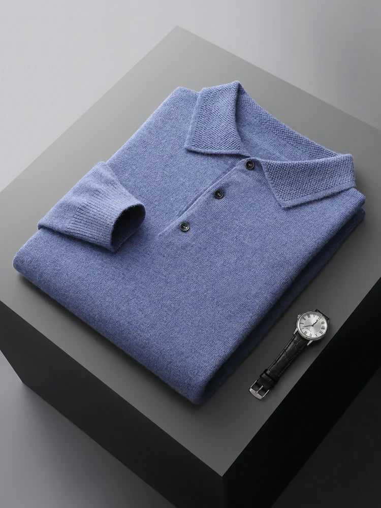 Men's knit long sleeve sweater polo, a stylish pullover top for fall and winter casual wear.