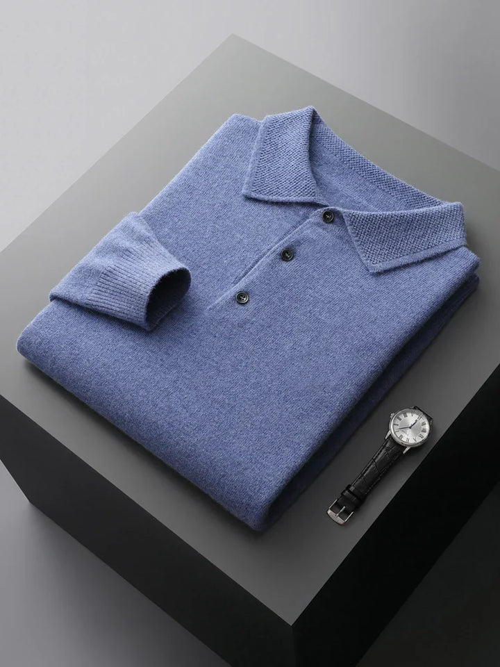 Men's knit long sleeve sweater polo, a stylish pullover top for fall and winter casual wear.