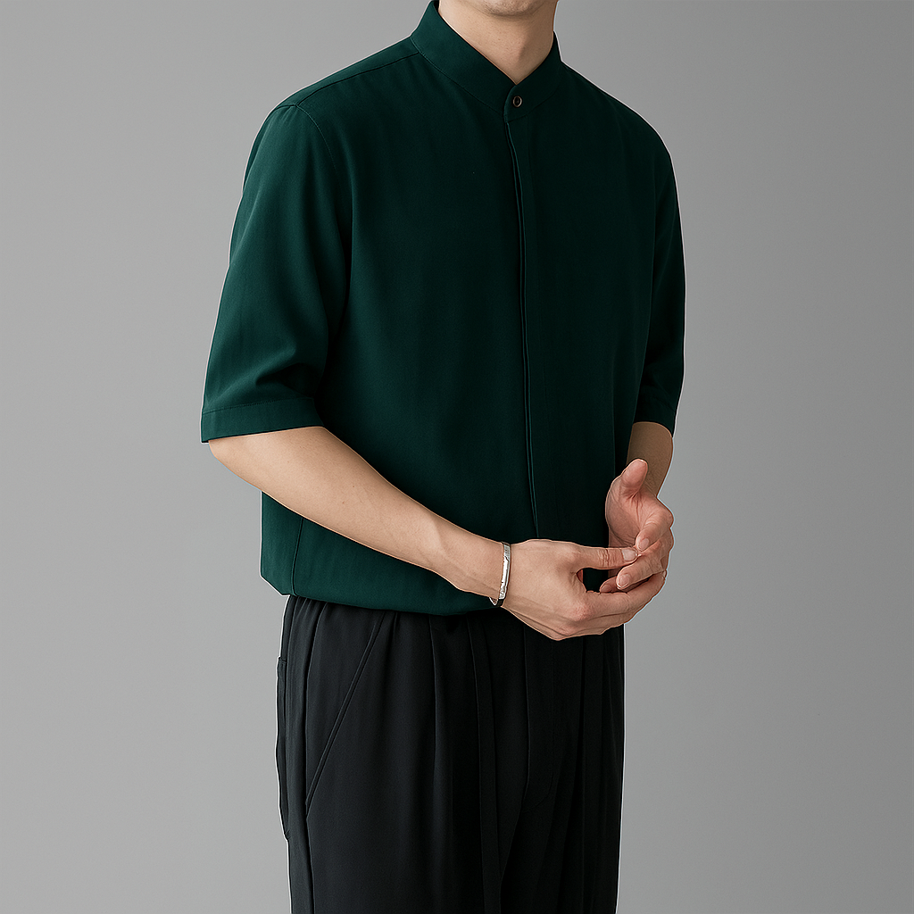 Men's long-sleeve mandarin collar shirt in a neutral color, perfect for modern smart-casual or relaxed spring fashion.