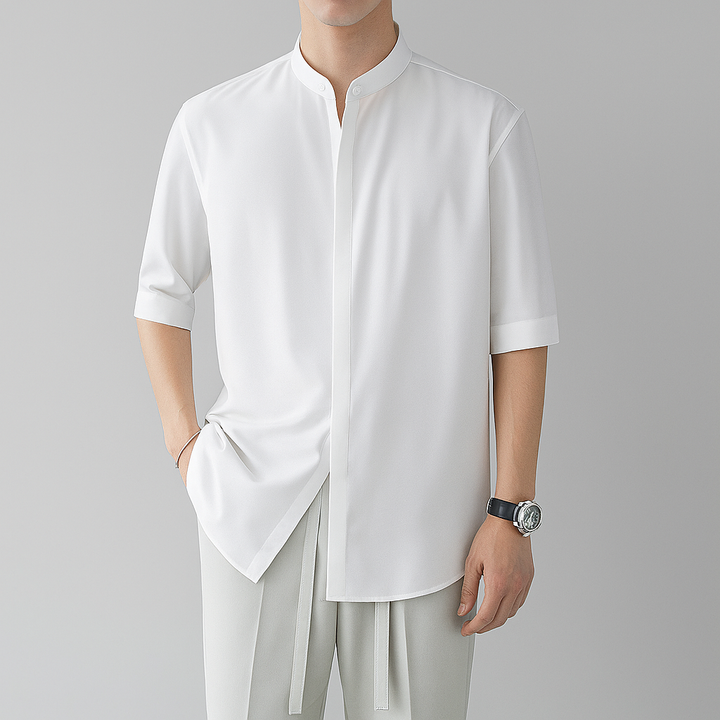 Relaxed fit men's long-sleeve mandarin collar shirt, a modern choice for effortless smart casual or comfortable daily wear.