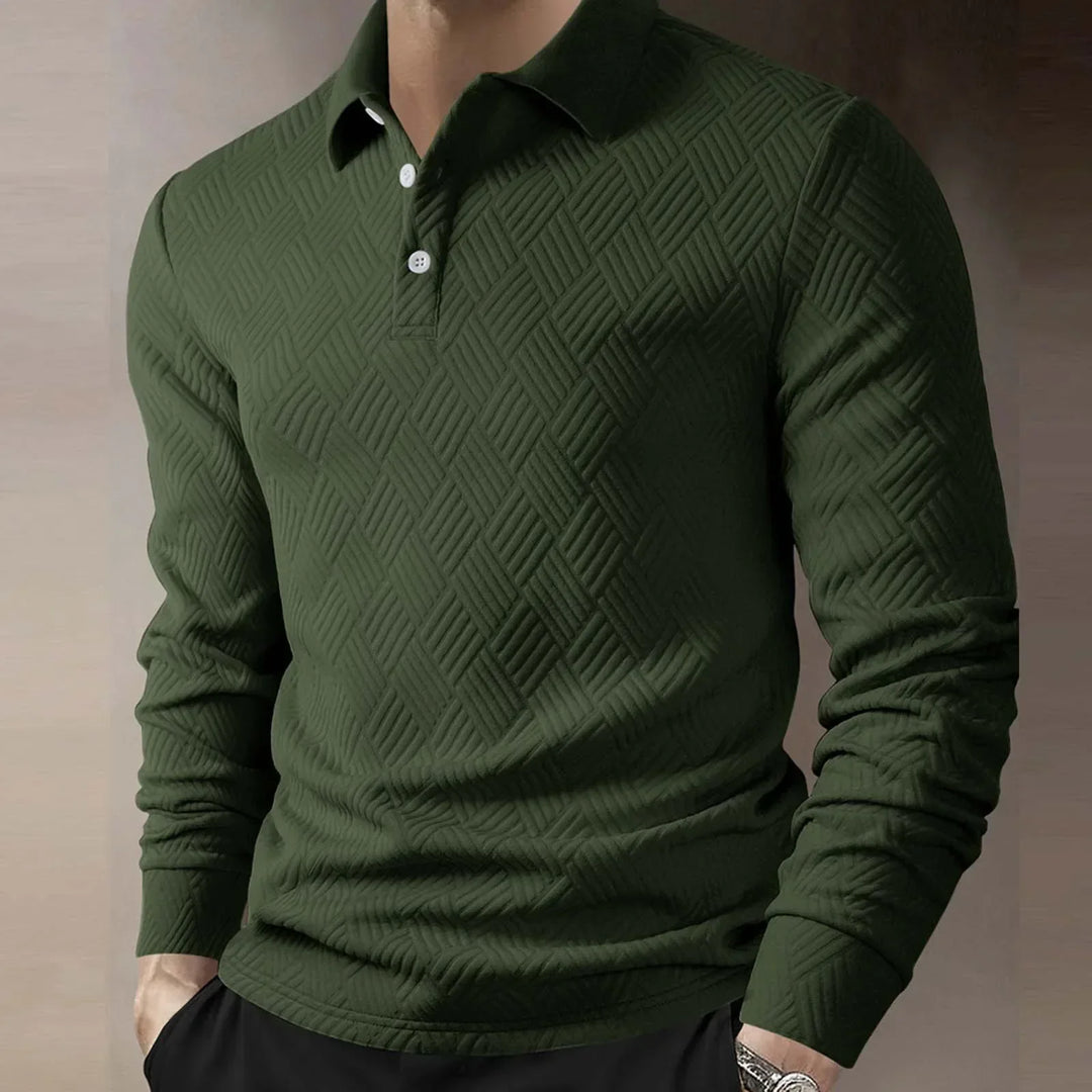 Versatile men's long sleeve polo shirt with button collar, ideal for smart casual everyday wear.