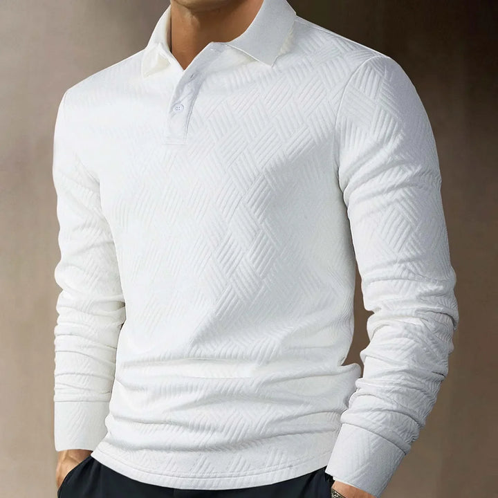 Refined men's long sleeve polo. A comfortable smart casual top for modern men's fashion.