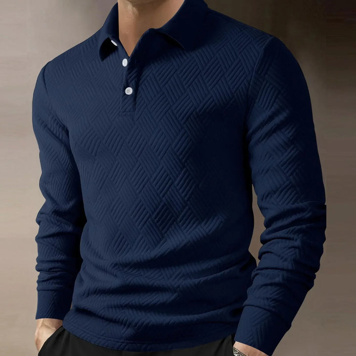 Men's long sleeve button collar polo, a smart casual top for refined everyday style and comfort.