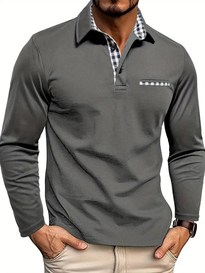Men's long sleeve polo shirt, black, with subtle check details on collar, a classic casual wear top