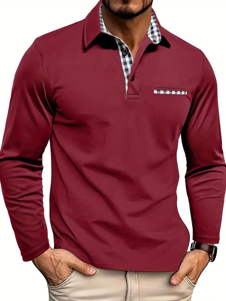 Stylish men's long sleeve polo shirt, grey, check placket, comfortable fit, perfect versatile top