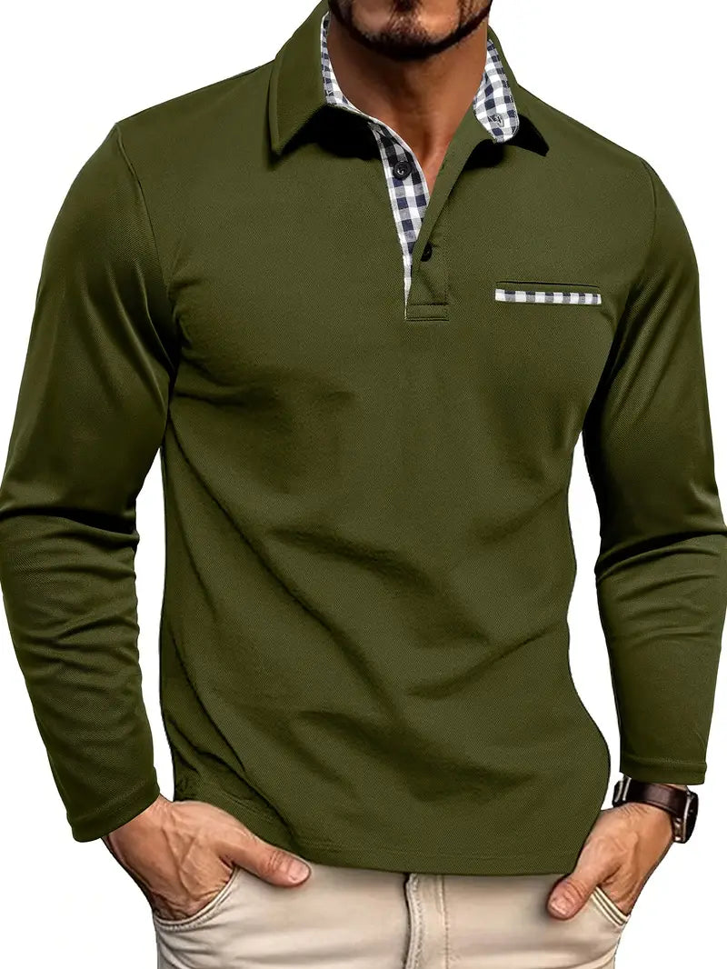 Tailored fit men's long sleeve polo shirt, grey, with woven check accents, essential men's fashion