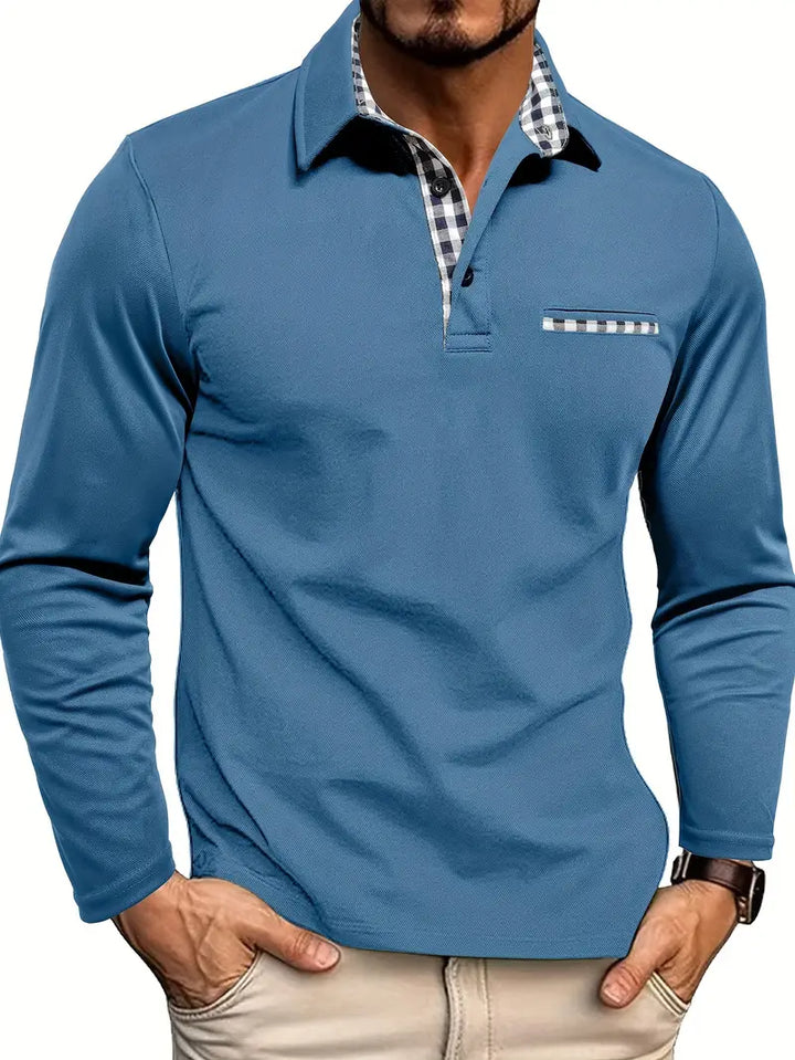 Elegant men's long sleeve polo shirt, white, check cuffs, ideal casual wear & classic style