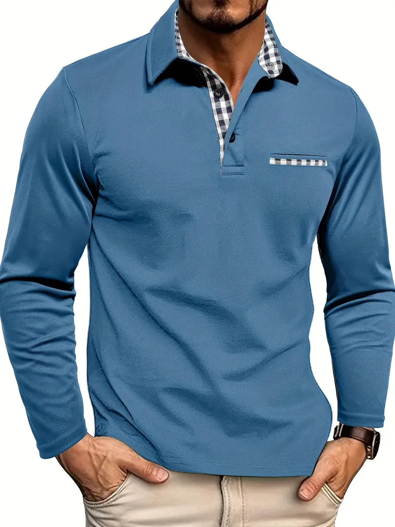 Collared men's long sleeve polo, white, showcasing elegant check details, comfortable casual shirt