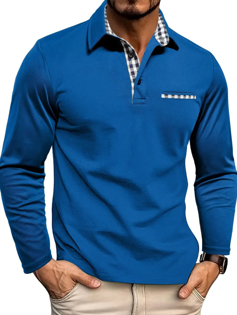 Men's versatile long sleeve polo shirt, burgundy, with distinct check patterns, perfect for all seasons