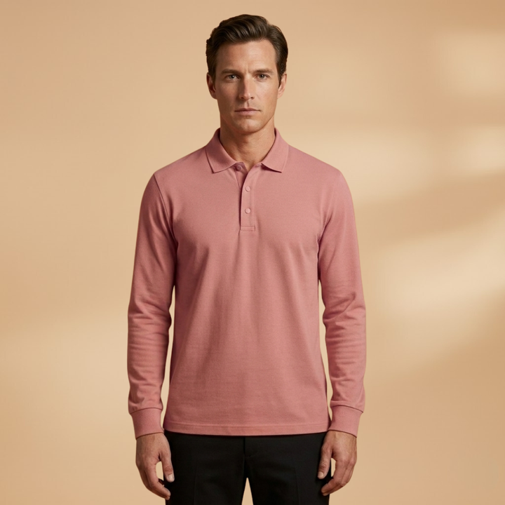 Men's long sleeve polo shirt in a solid color, featuring a classic buttoned collar and comfortable fit.