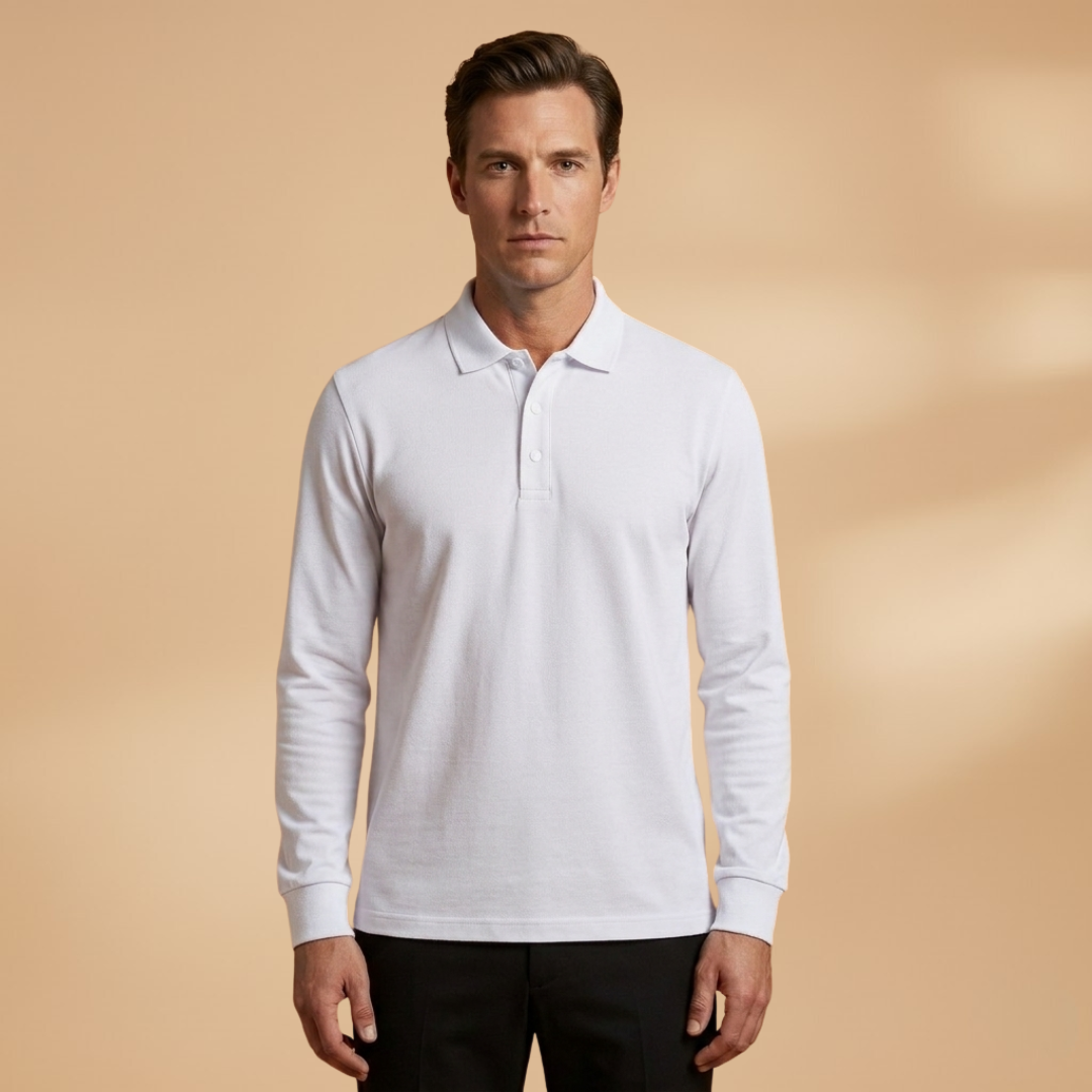 Premium men's long sleeve polo, buttoned collar & fitted cuffs, perfect for smart casual & everyday style.