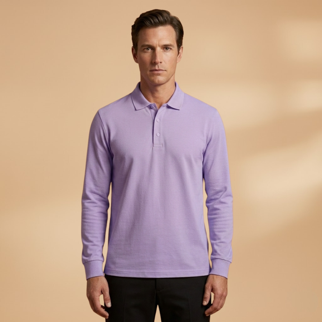 Versatile men's long sleeve polo shirt with a buttoned collar, great for layering or standalone smart casual.