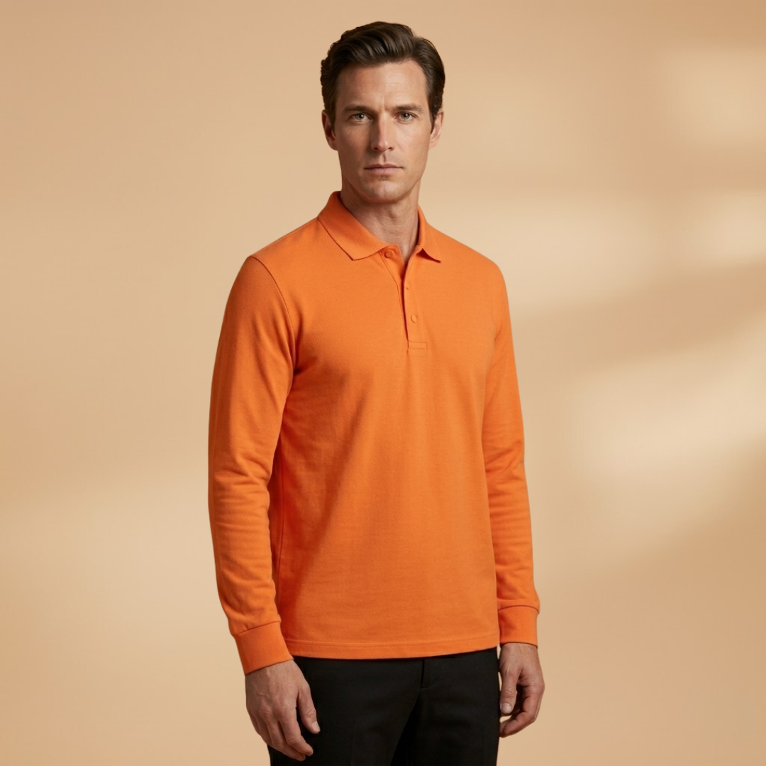Comfortable men's long sleeve polo with fitted cuffs & buttoned collar, ideal for smart casual style.